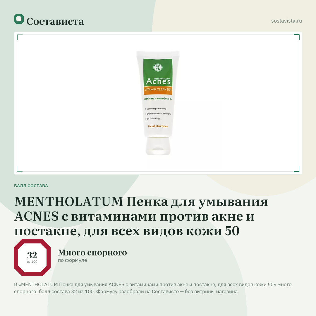 MENTHOLATUM Пенка для умывания ACNES с витаминами против акне и постакне, для всех видов кожи 50: балл состава 32 из 100 — Состависта
