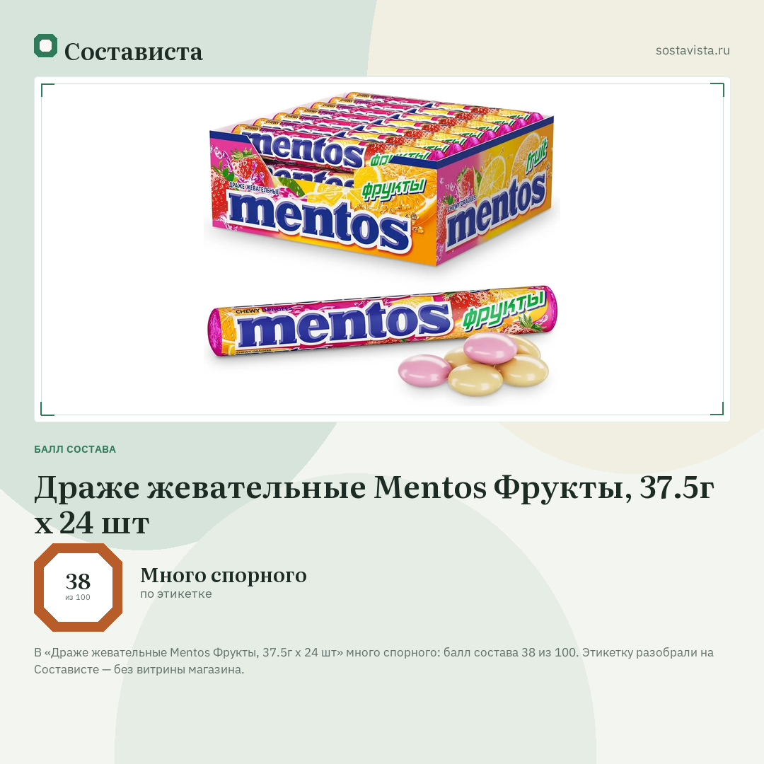 Драже жевательные Mentos Фрукты, 37.5г x 24 шт: балл состава 38 из 100 — Состависта