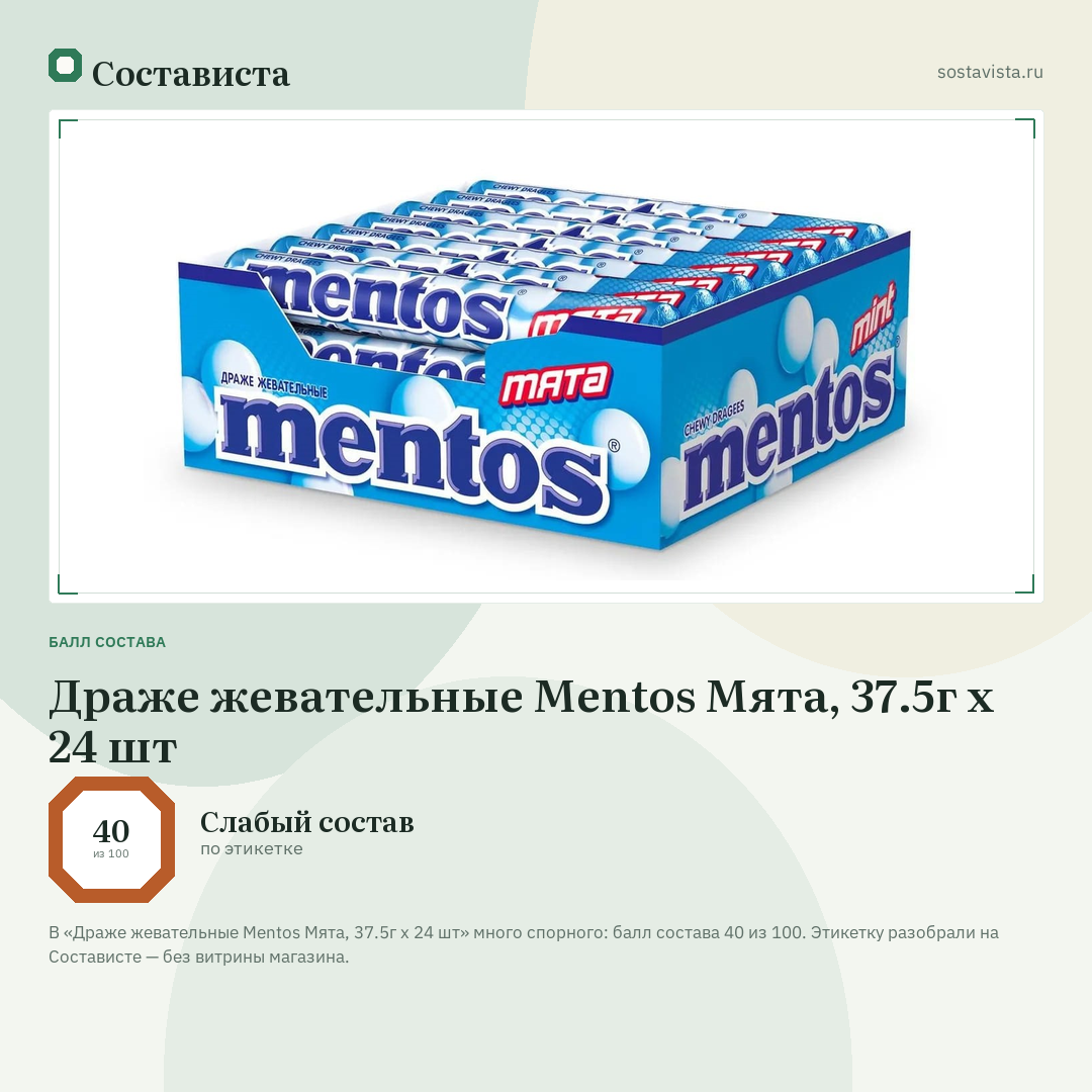 Драже жевательные Mentos Мята, 37.5г x 24 шт: балл состава 40 из 100 — Состависта