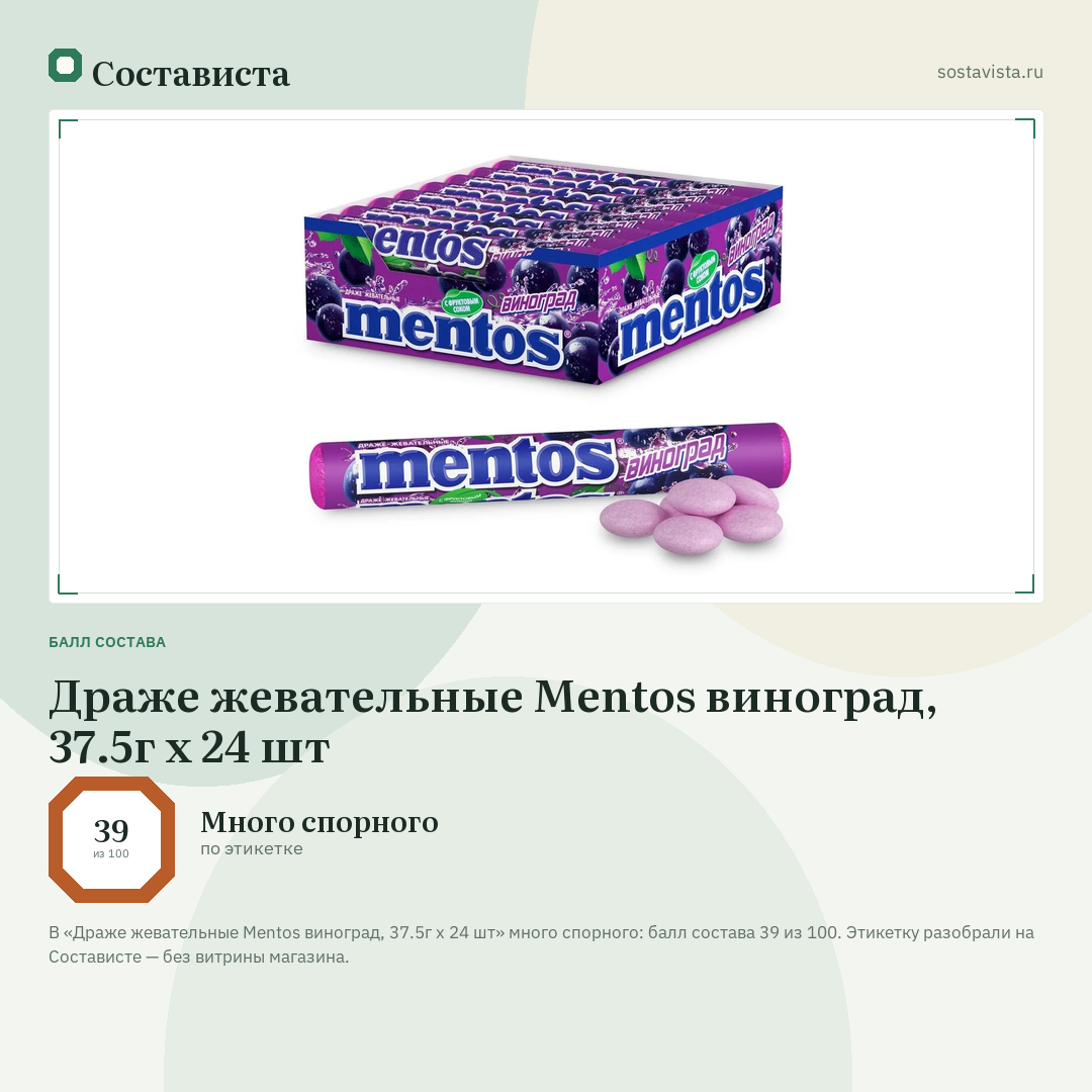 Драже жевательные Mentos виноград, 37.5г x 24 шт: балл состава 39 из 100 — Состависта