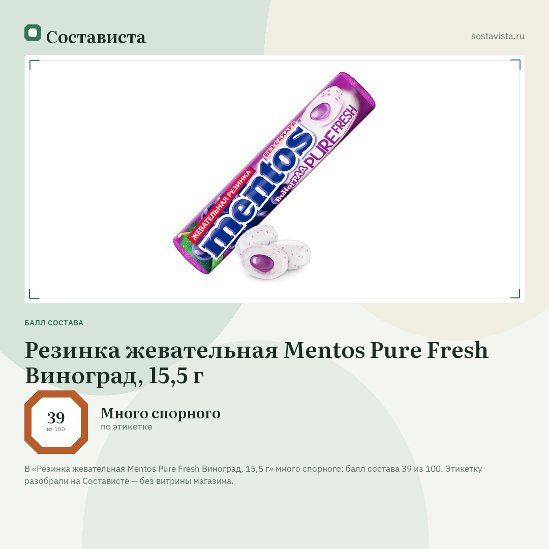 Резинка жевательная Mentos Pure Fresh Виноград, 15,5 г: балл состава 39 из 100 — Состависта