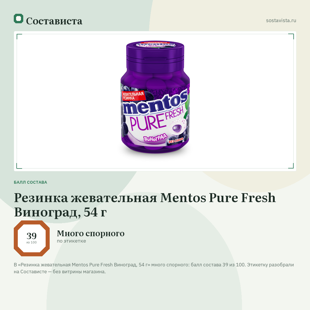 Резинка жевательная Mentos Pure Fresh Виноград, 54 г: балл состава 39 из 100 — Состависта