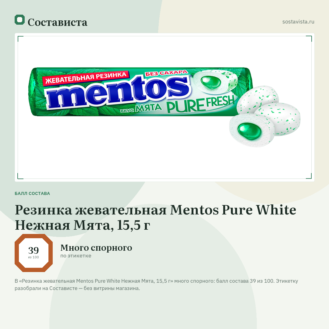 Резинка жевательная Mentos Pure White Нежная Мята, 15,5 г: балл состава 39 из 100 — Состависта