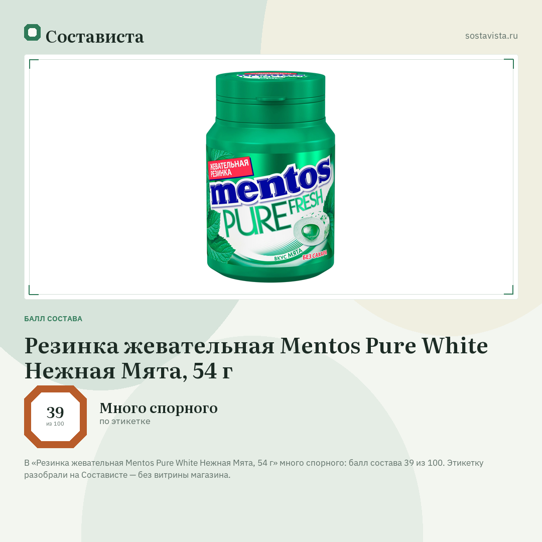 Резинка жевательная Mentos Pure White Нежная Мята, 54 г: балл состава 39 из 100 — Состависта