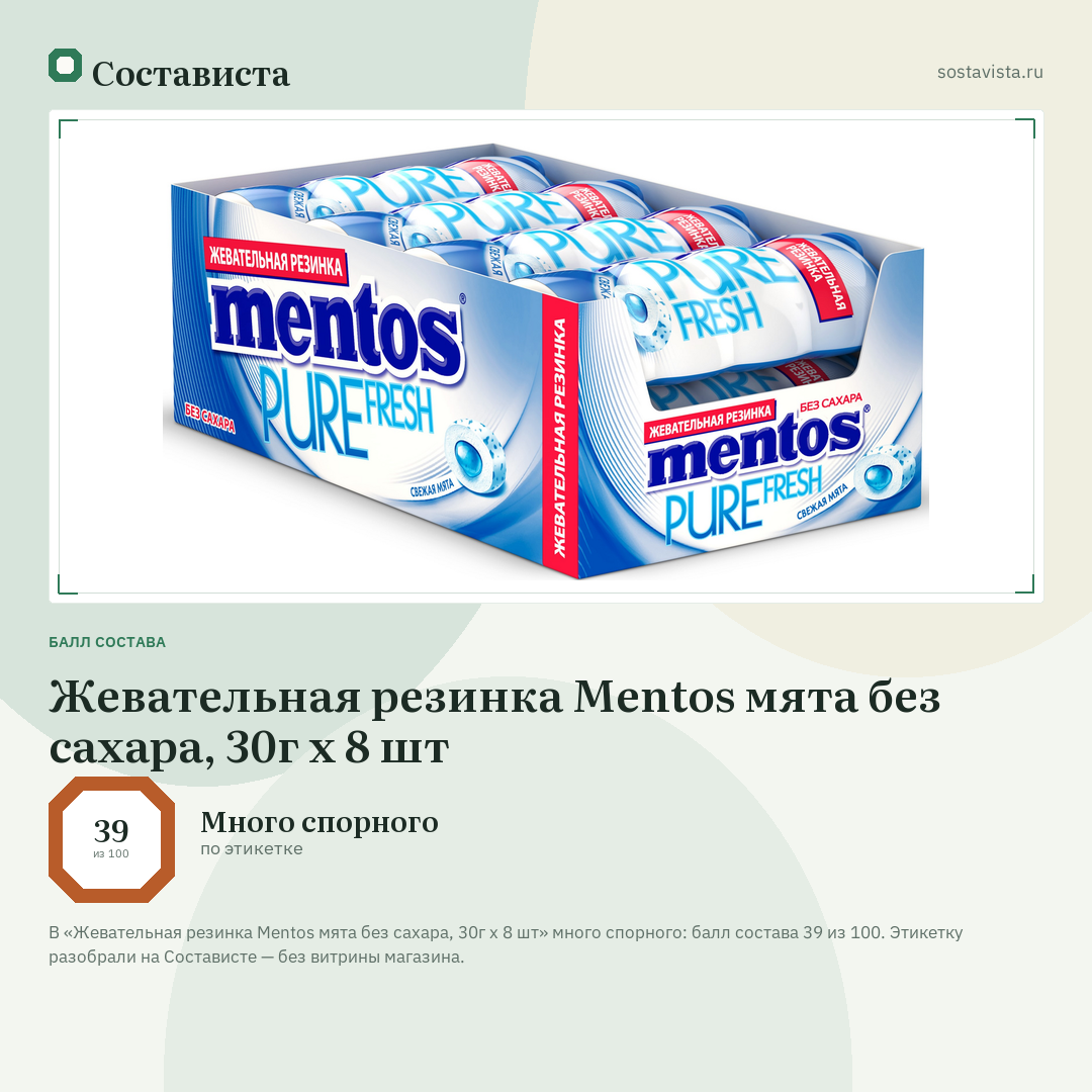 Жевательная резинка Mentos мята без сахара, 30г x 8 шт: балл состава 39 из 100 — Состависта