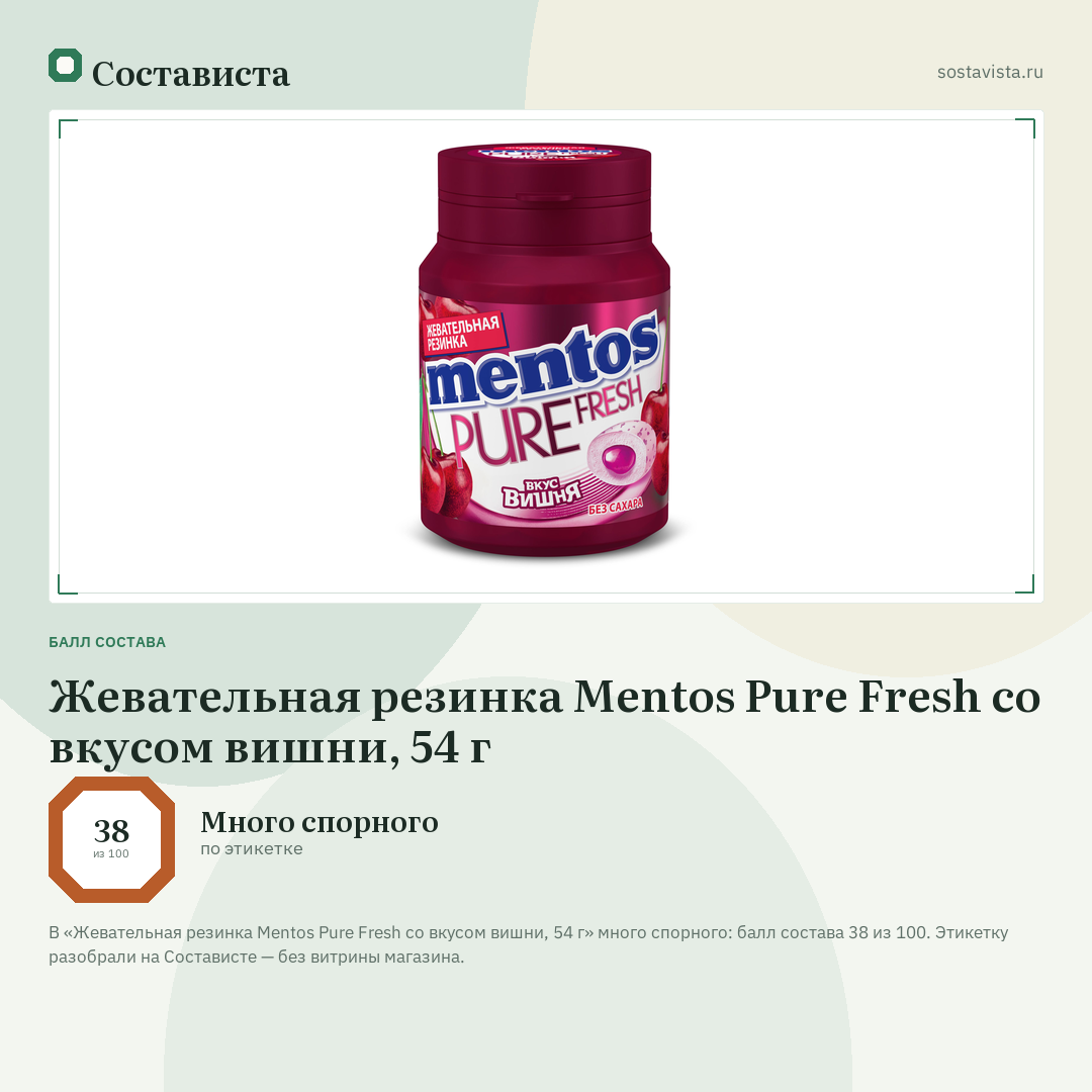 Жевательная резинка Mentos Pure Fresh со вкусом вишни, 54 г: балл состава 38 из 100 — Состависта