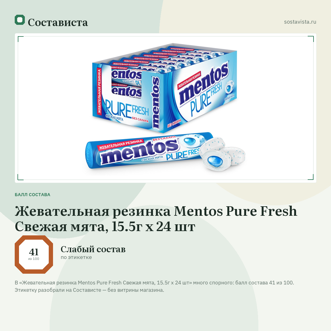 Жевательная резинка Mentos Pure Fresh Свежая мята, 15.5г x 24 шт: балл состава 41 из 100 — Состависта