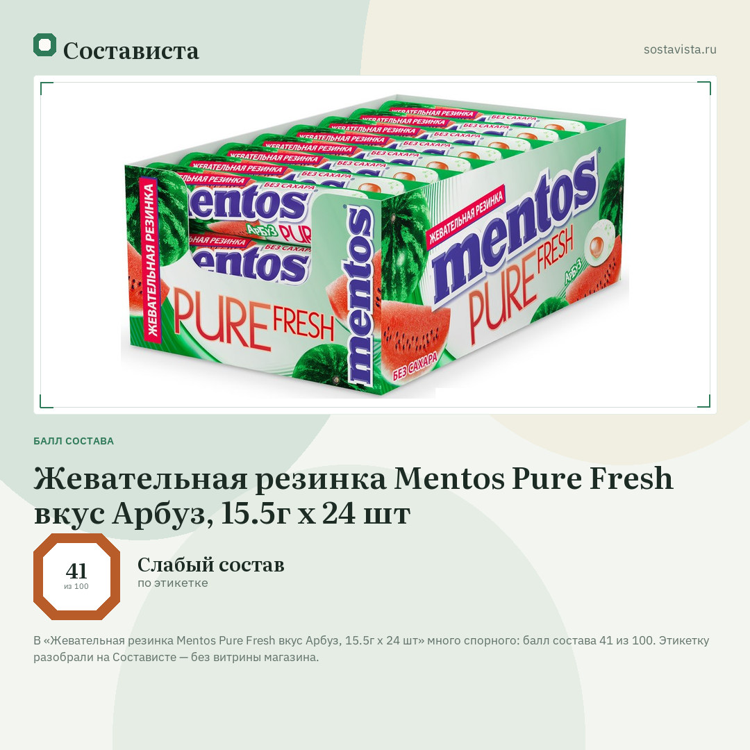 Жевательная резинка Mentos Pure Fresh вкус Арбуз, 15.5г x 24 шт: балл состава 41 из 100 — Состависта
