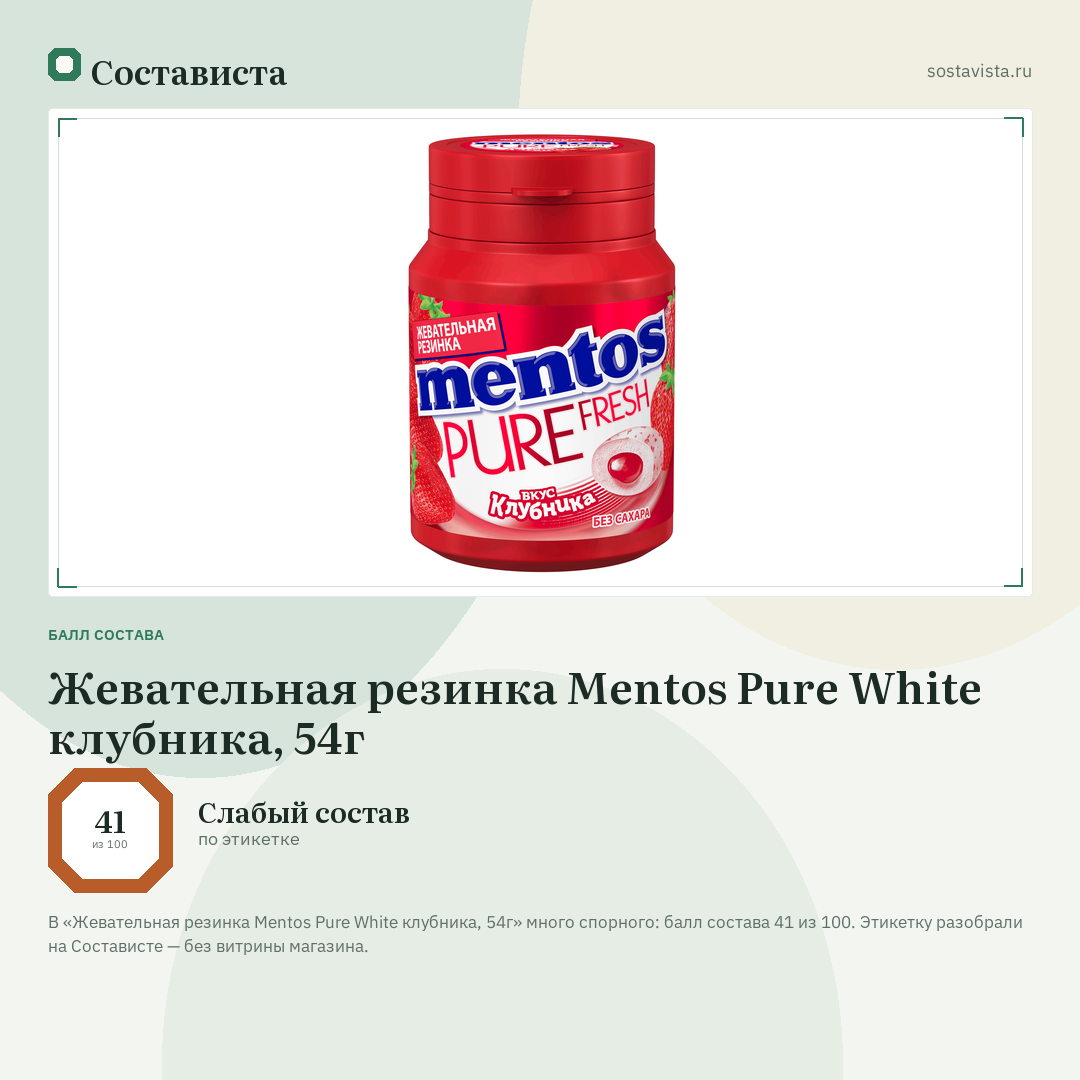 Жевательная резинка Mentos Pure White клубника, 54г: балл состава 41 из 100 — Состависта
