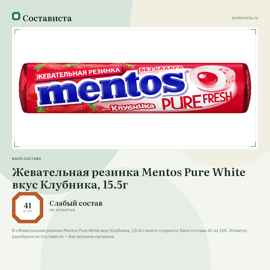 Жевательная резинка Mentos Pure White вкус Клубника, 15.5г: балл состава 41 из 100 — Состависта