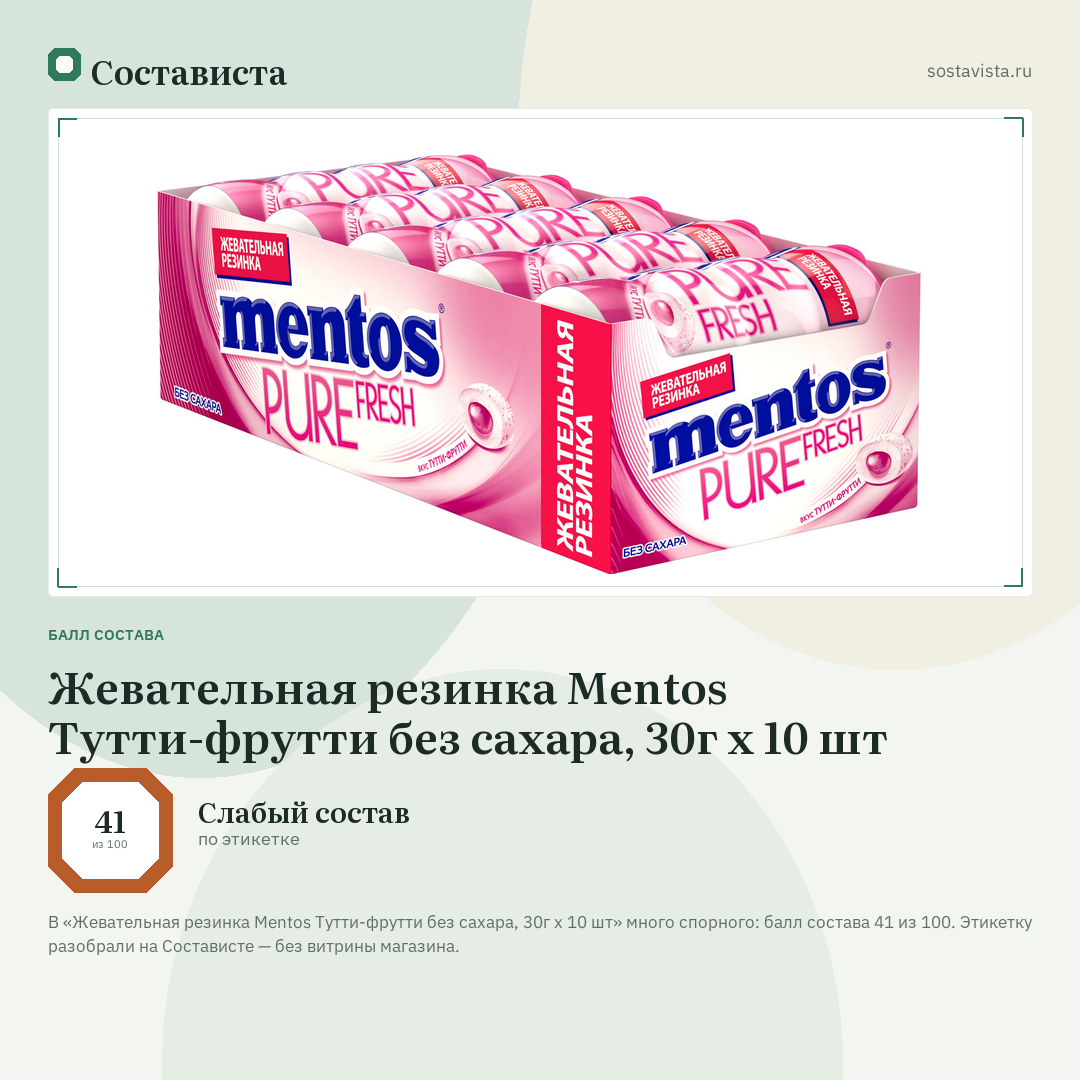 Жевательная резинка Mentos Тутти-фрутти без сахара, 30г x 10 шт: балл состава 41 из 100 — Состависта
