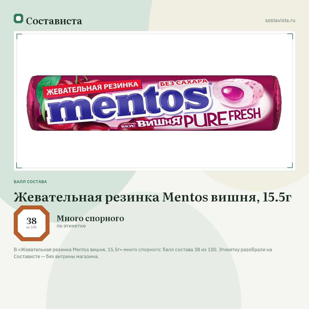 Жевательная резинка Mentos вишня, 15.5г: балл состава 38 из 100 — Состависта