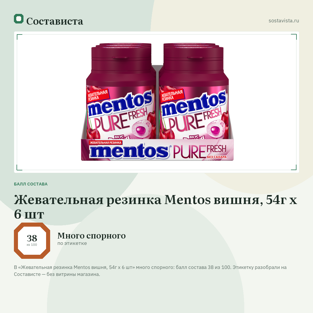 Жевательная резинка Mentos вишня, 54г x 6 шт: балл состава 38 из 100 — Состависта