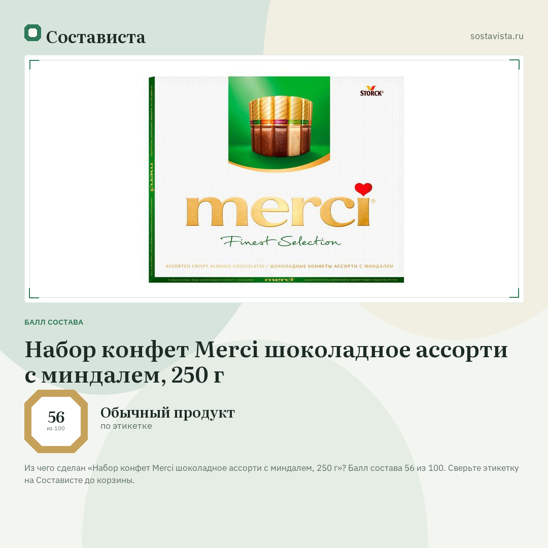 Набор конфет Merci шоколадное ассорти с миндалем, 250 г: балл состава 56 из 100 — Состависта