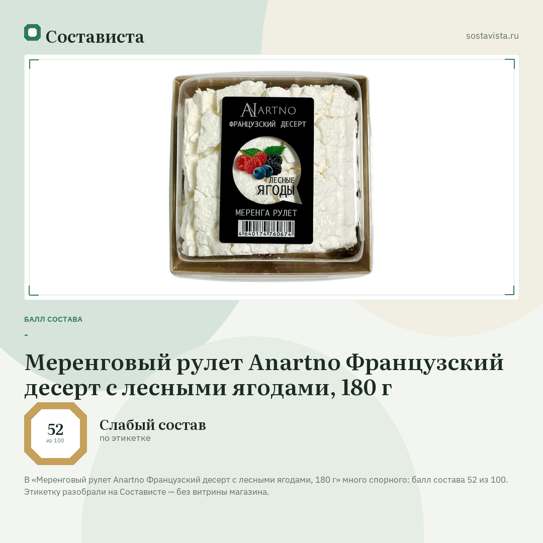 Меренговый рулет Anartno Французский десерт с лесными ягодами, 180 г: балл состава 52 из 100 — Состависта