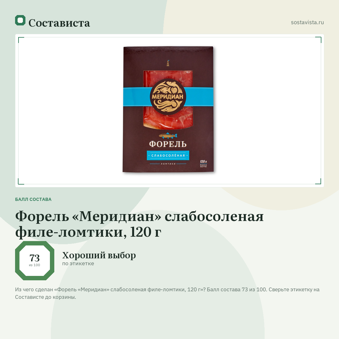 Форель «Меридиан» слабосоленая филе-ломтики, 120 г: балл состава 73 из 100 — Состависта