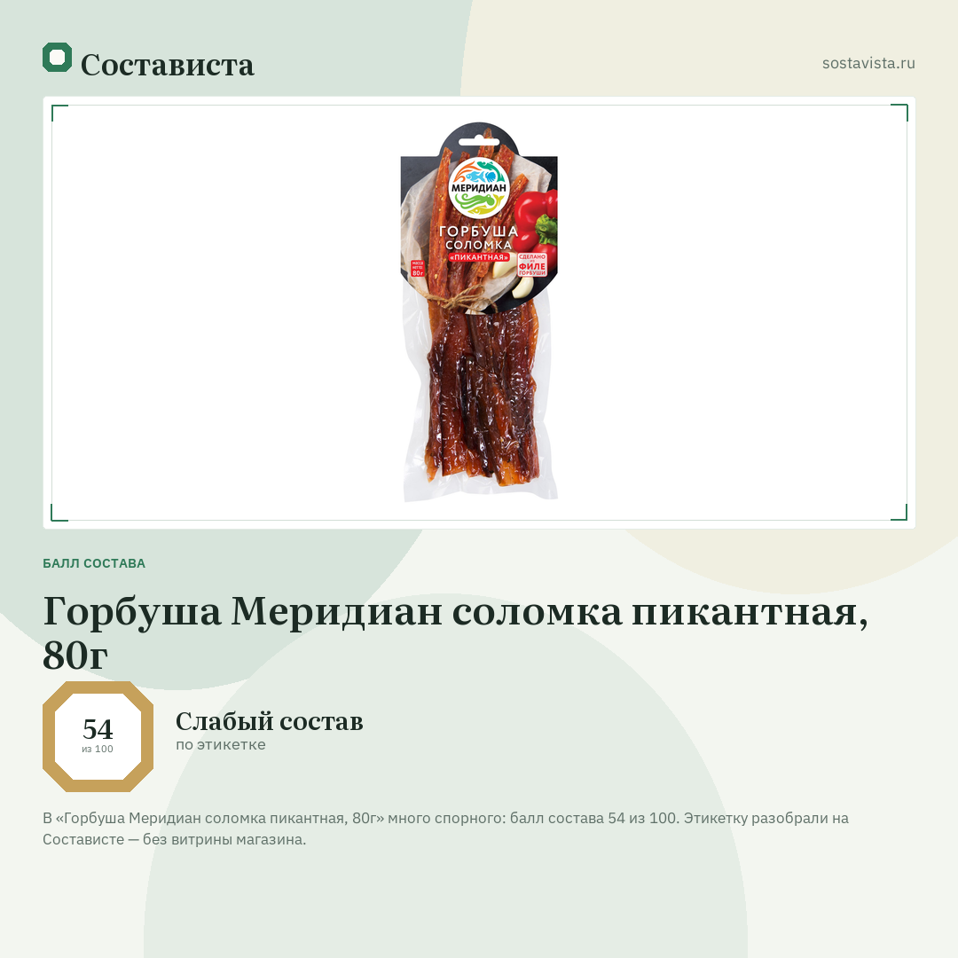Горбуша Меридиан соломка пикантная, 80г: балл состава 54 из 100 — Состависта