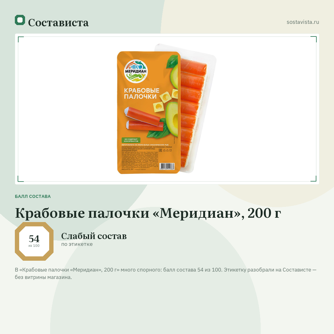 Крабовые палочки «Меридиан», 200 г: балл состава 54 из 100 — Состависта