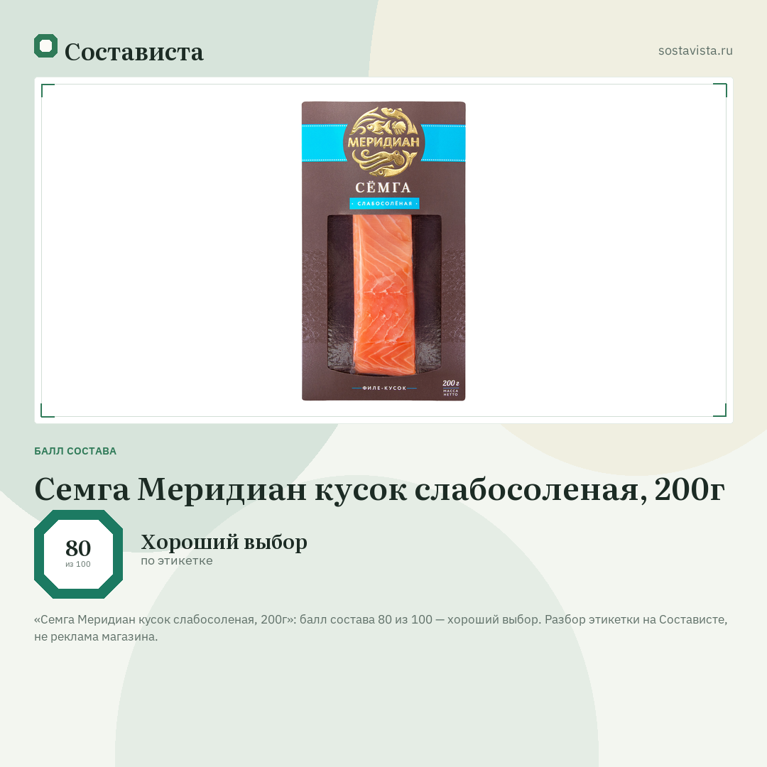 Семга Меридиан кусок слабосоленая, 200г: балл состава 80 из 100 — Состависта