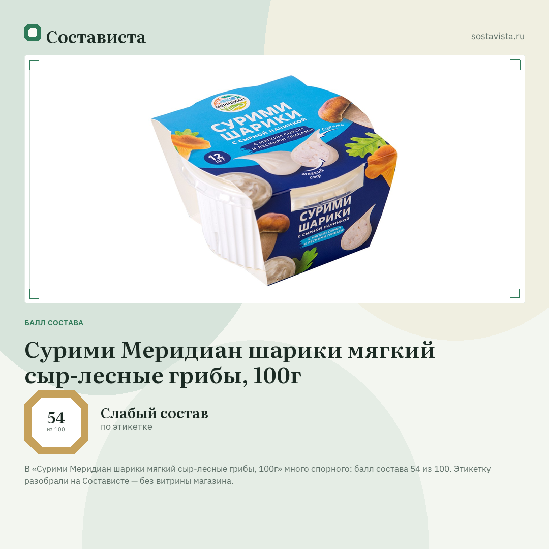 Сурими Меридиан шарики мягкий сыр-лесные грибы, 100г: балл состава 54 из 100 — Состависта