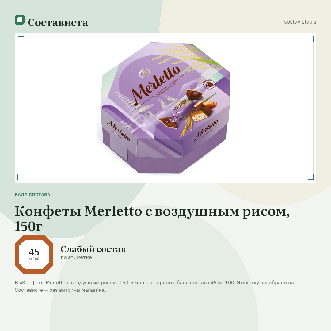 Конфеты Merletto с воздушным рисом, 150г: балл состава 45 из 100 — Состависта