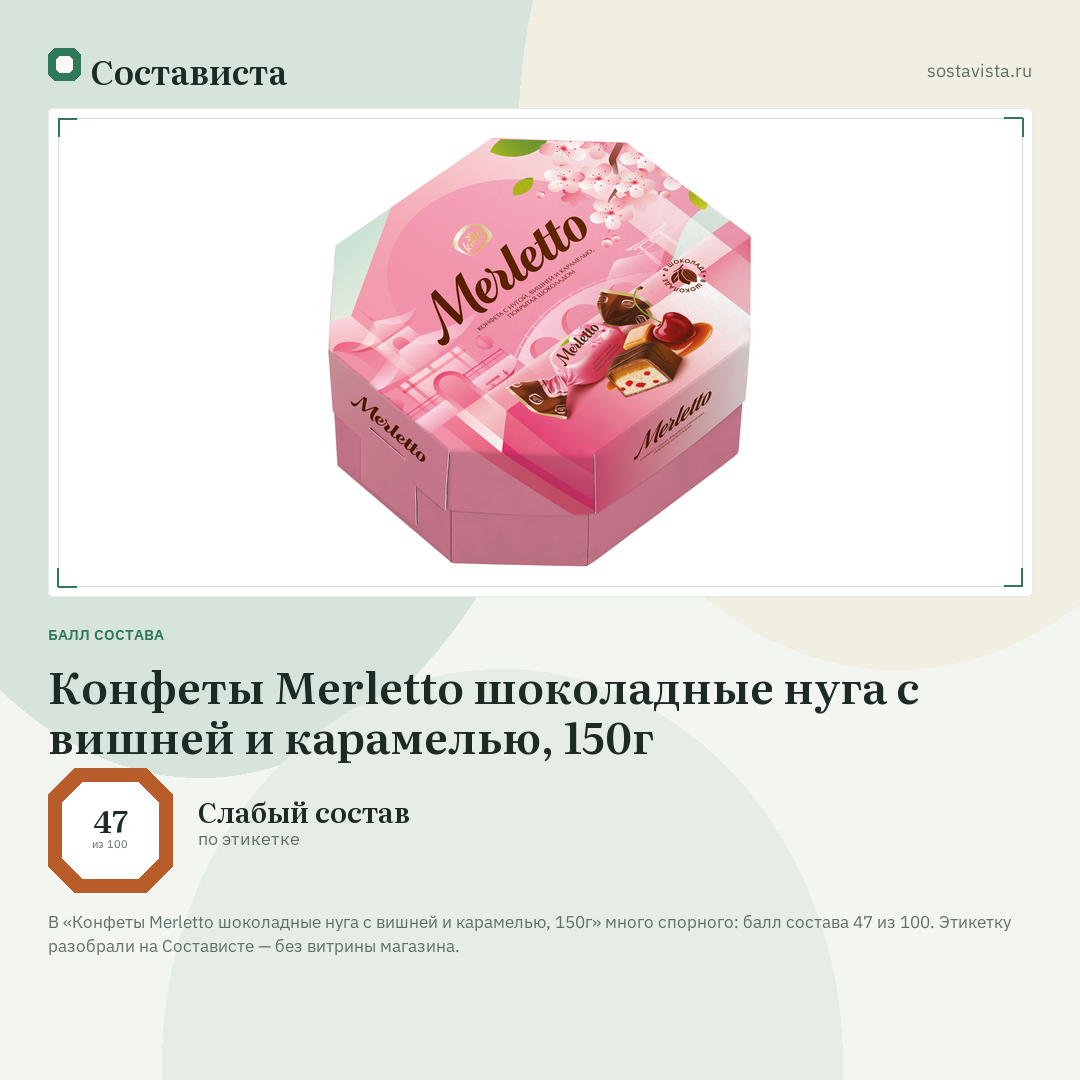 Конфеты Merletto шоколадные нуга с вишней и карамелью, 150г: балл состава 47 из 100 — Состависта