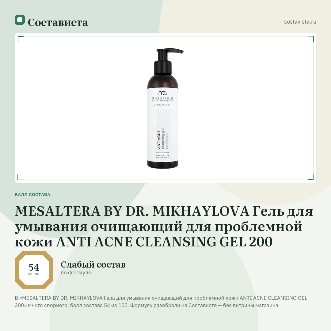 MESALTERA BY DR. MIKHAYLOVA Гель для умывания очищающий для проблемной кожи ANTI ACNE CLEANSING GEL 200: балл состава 54 из 100 — Состависта