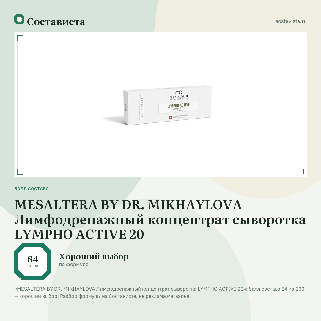 MESALTERA BY DR. MIKHAYLOVA Лимфодренажный концентрат сыворотка LYMPHO ACTIVE 20: балл состава 84 из 100 — Состависта