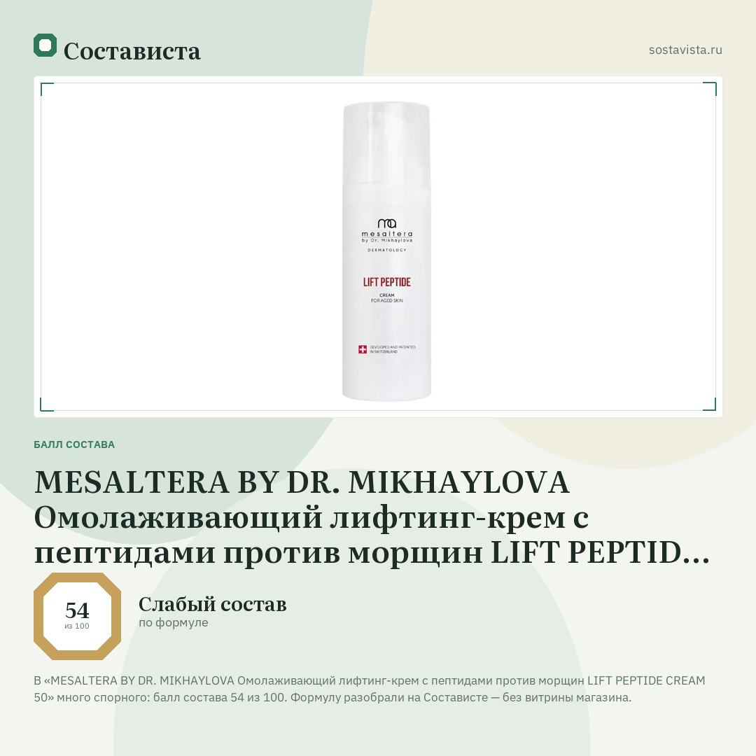 MESALTERA BY DR. MIKHAYLOVA Омолаживающий лифтинг-крем с пептидами против морщин LIFT PEPTIDE CREAM 50: балл состава 54 из 100 — Состависта