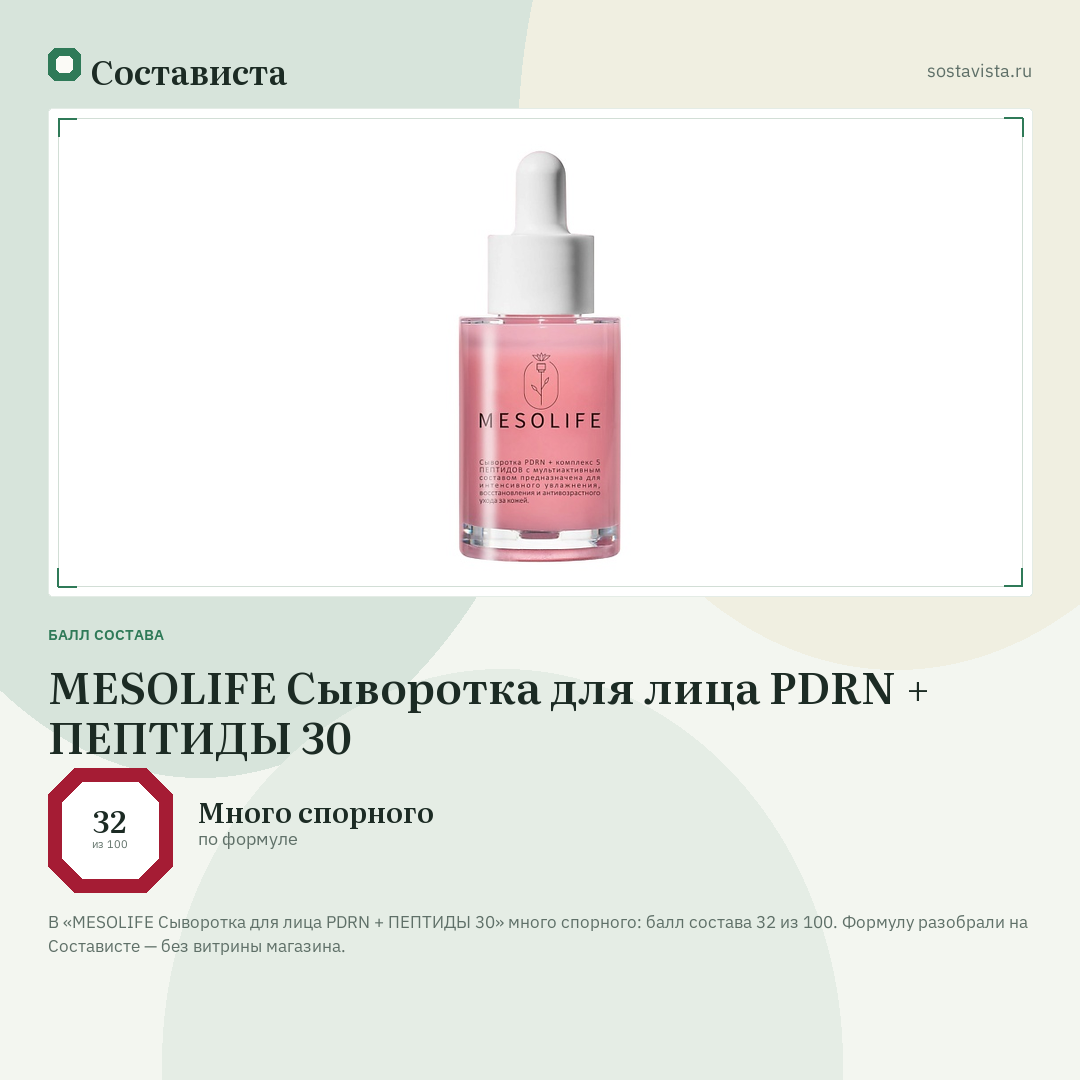 MESOLIFE Сыворотка для лица PDRN + ПЕПТИДЫ 30: балл состава 32 из 100 — Состависта