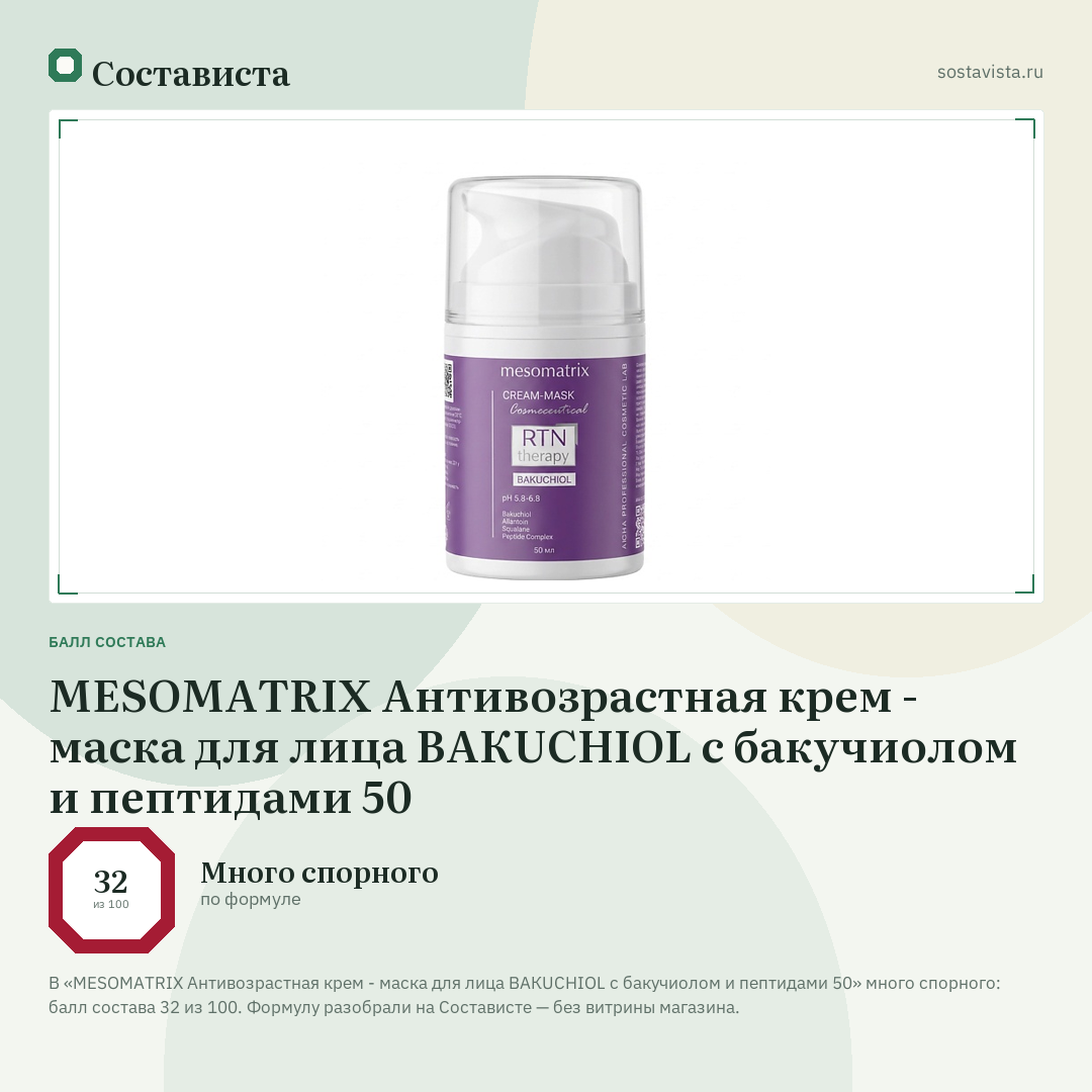 MESOMATRIX Антивозрастная крем - маска для лица BAКUCHIOL с бакучиолом и пептидами 50: балл состава 32 из 100 — Состависта
