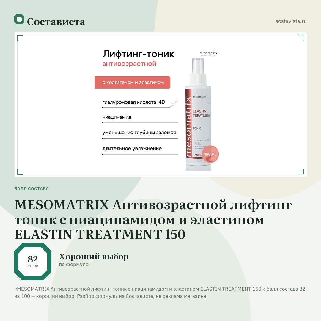 MESOMATRIX Антивозрастной лифтинг тоник с ниацинамидом и эластином ELASTIN TREATMENT 150: балл состава 82 из 100 — Состависта