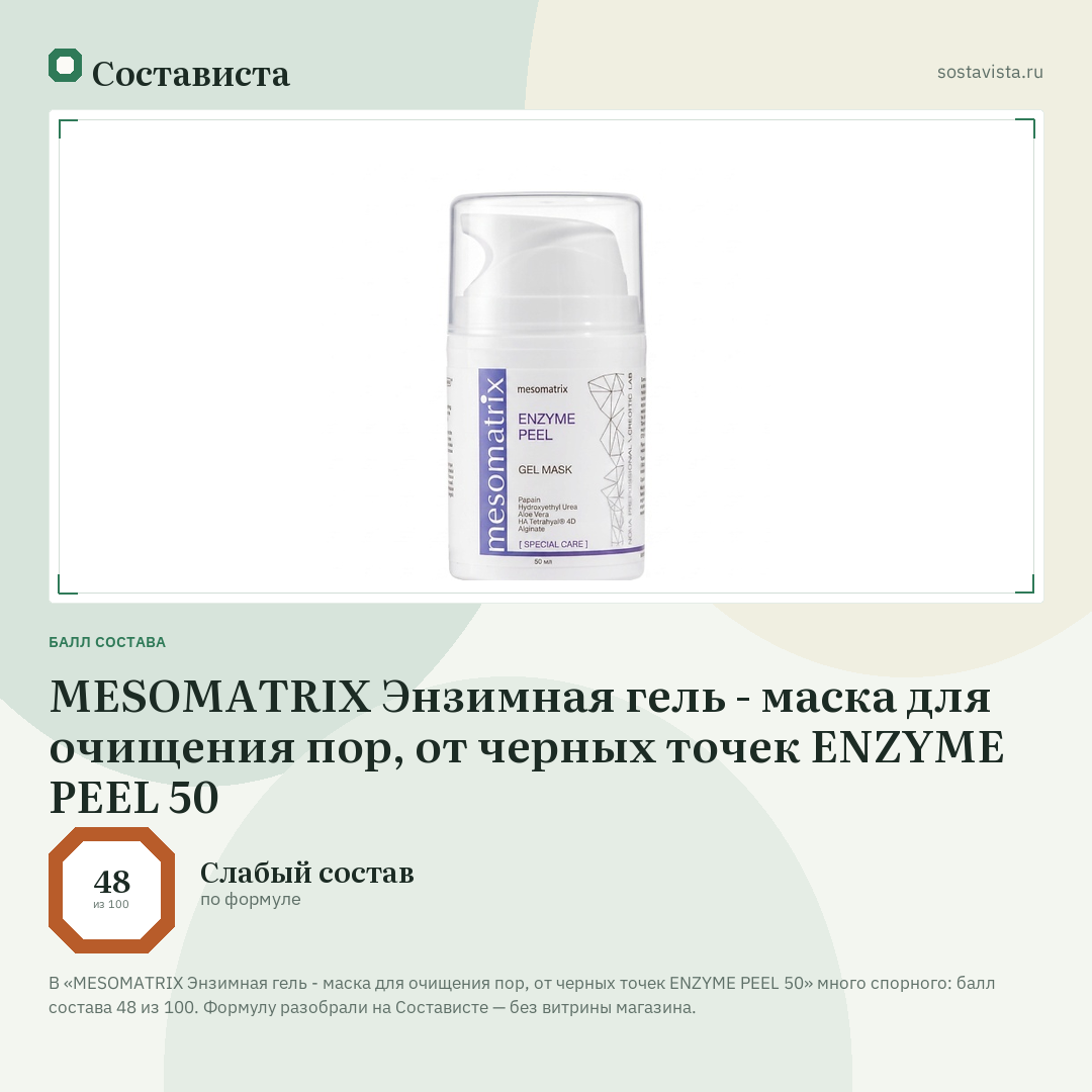 MESOMATRIX Энзимная гель - маска для очищения пор, от черных точек ENZYME PEEL 50: балл состава 48 из 100 — Состависта