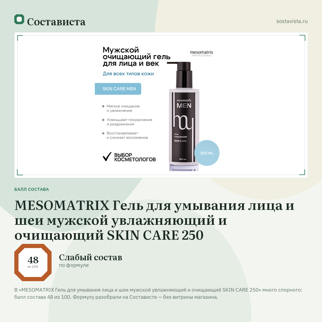 MESOMATRIX Гель для умывания лица и шеи мужской увлажняющий и очищающий SKIN CARE 250: балл состава 48 из 100 — Состависта