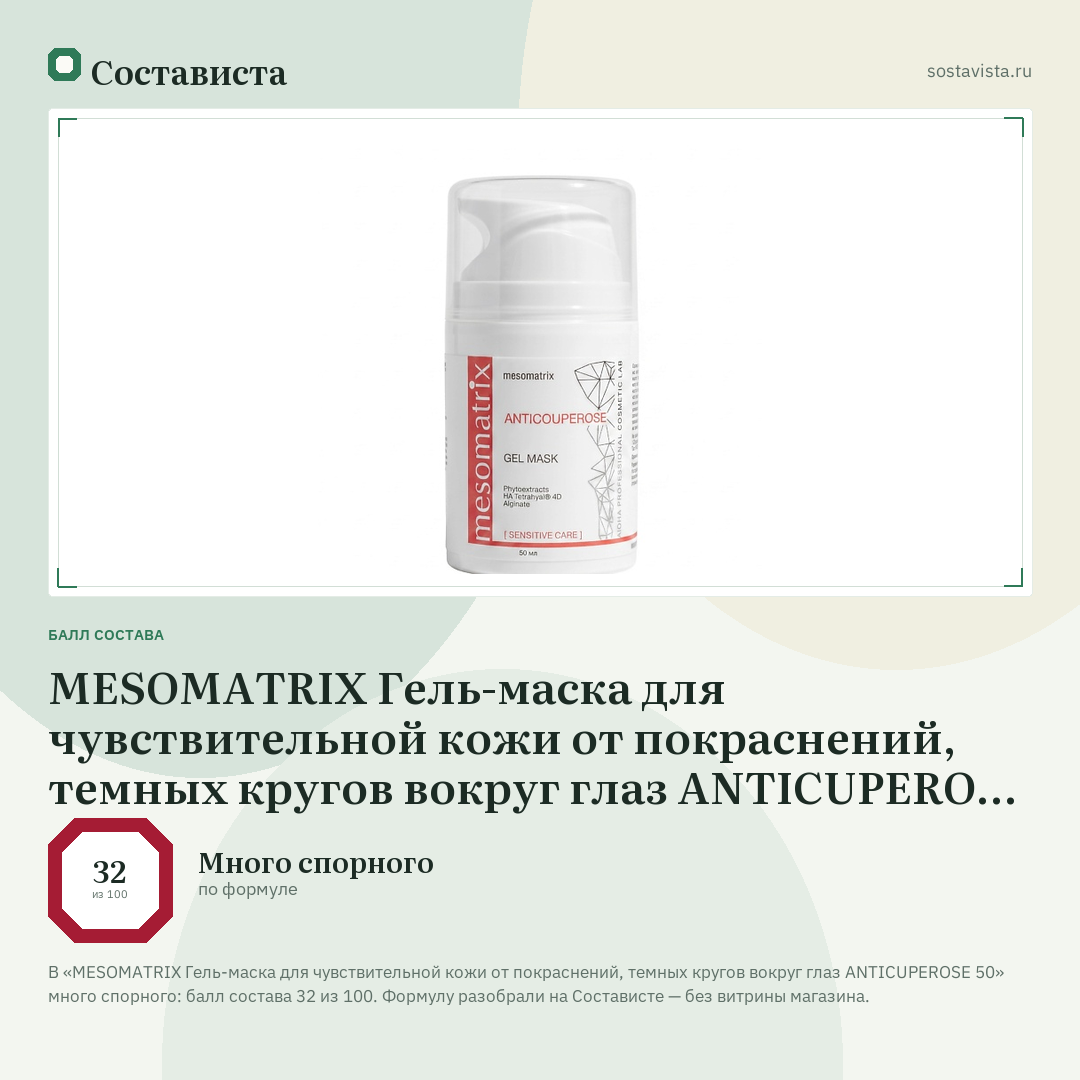MESOMATRIX Гель-маска для чувствительной кожи от покраснений, темных кругов вокруг глаз ANTICUPEROSE 50: балл состава 32 из 100 — Состависта