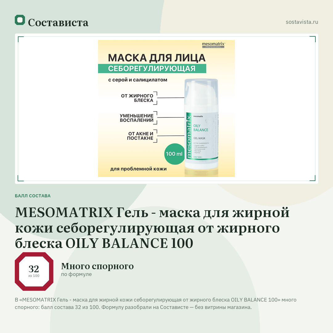 MESOMATRIX Гель - маска для жирной кожи себорегулирующая от жирного блеска OILY BALANCE 100: балл состава 32 из 100 — Состависта