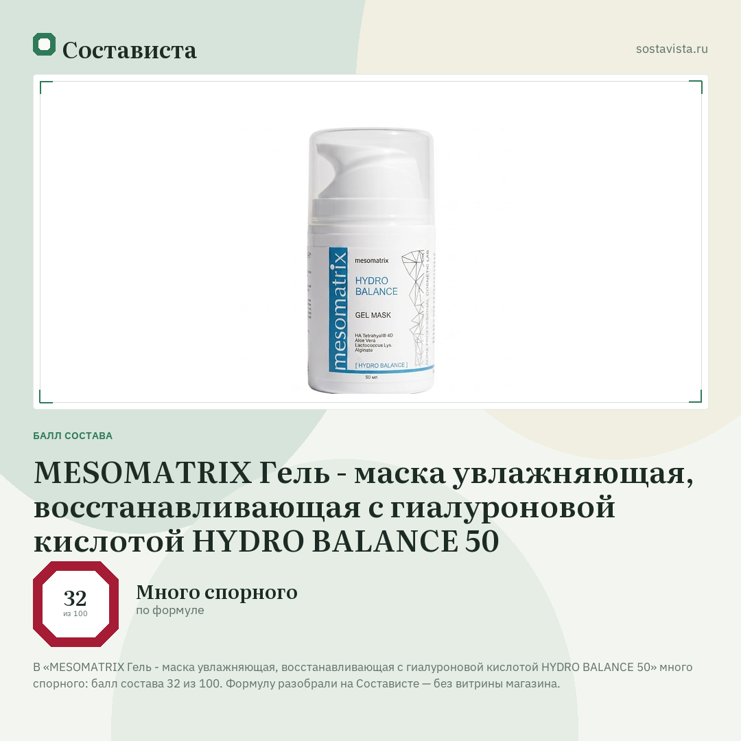 MESOMATRIX Гель - маска увлажняющая, восстанавливающая с гиалуроновой кислотой HYDRO BALANCE 50: балл состава 32 из 100 — Состависта