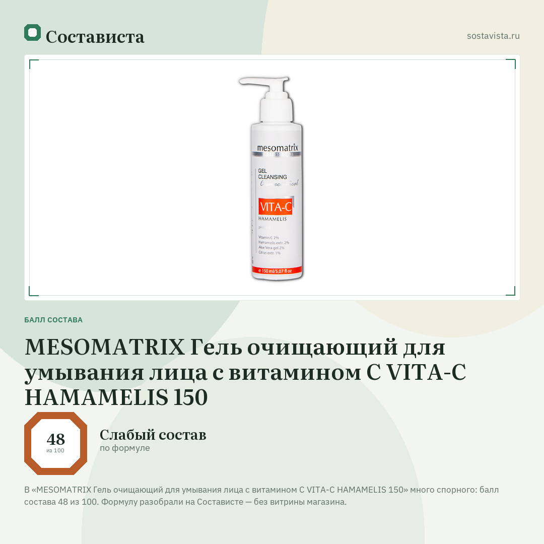 MESOMATRIX Гель очищающий для умывания лица с витамином С VITA-C HAMAMELIS 150: балл состава 48 из 100 — Состависта