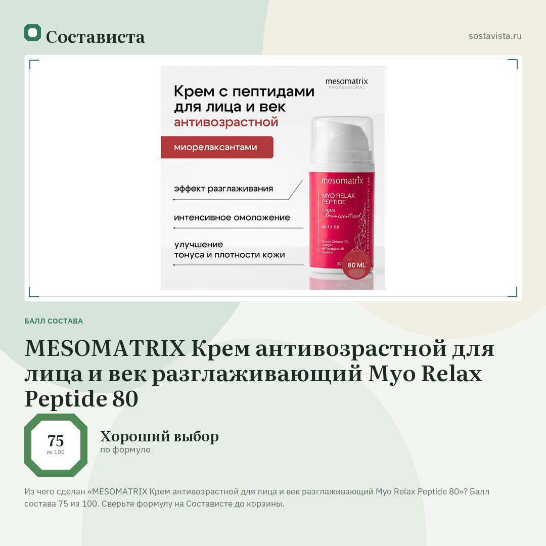 MESOMATRIX Крем антивозрастной для лица и век разглаживающий Myo Relax Peptide 80: балл состава 75 из 100 — Состависта