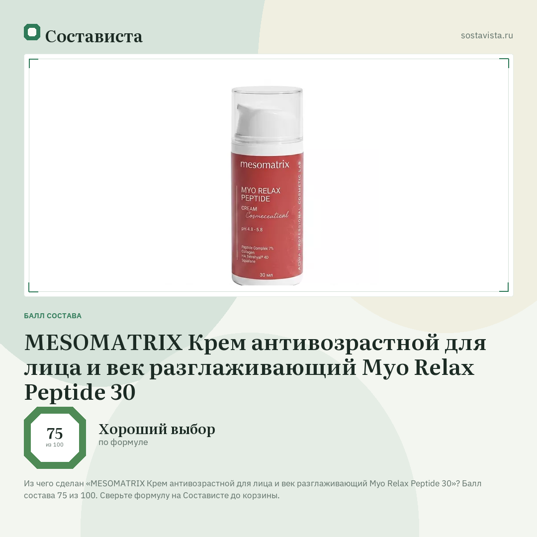 MESOMATRIX Крем антивозрастной для лица и век разглаживающий Myo Relax Peptide 30: балл состава 75 из 100 — Состависта