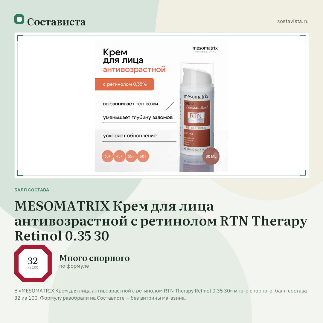MESOMATRIX Крем для лица антивозрастной с ретинолом RTN Therapy Retinol 0.35 30: балл состава 32 из 100 — Состависта