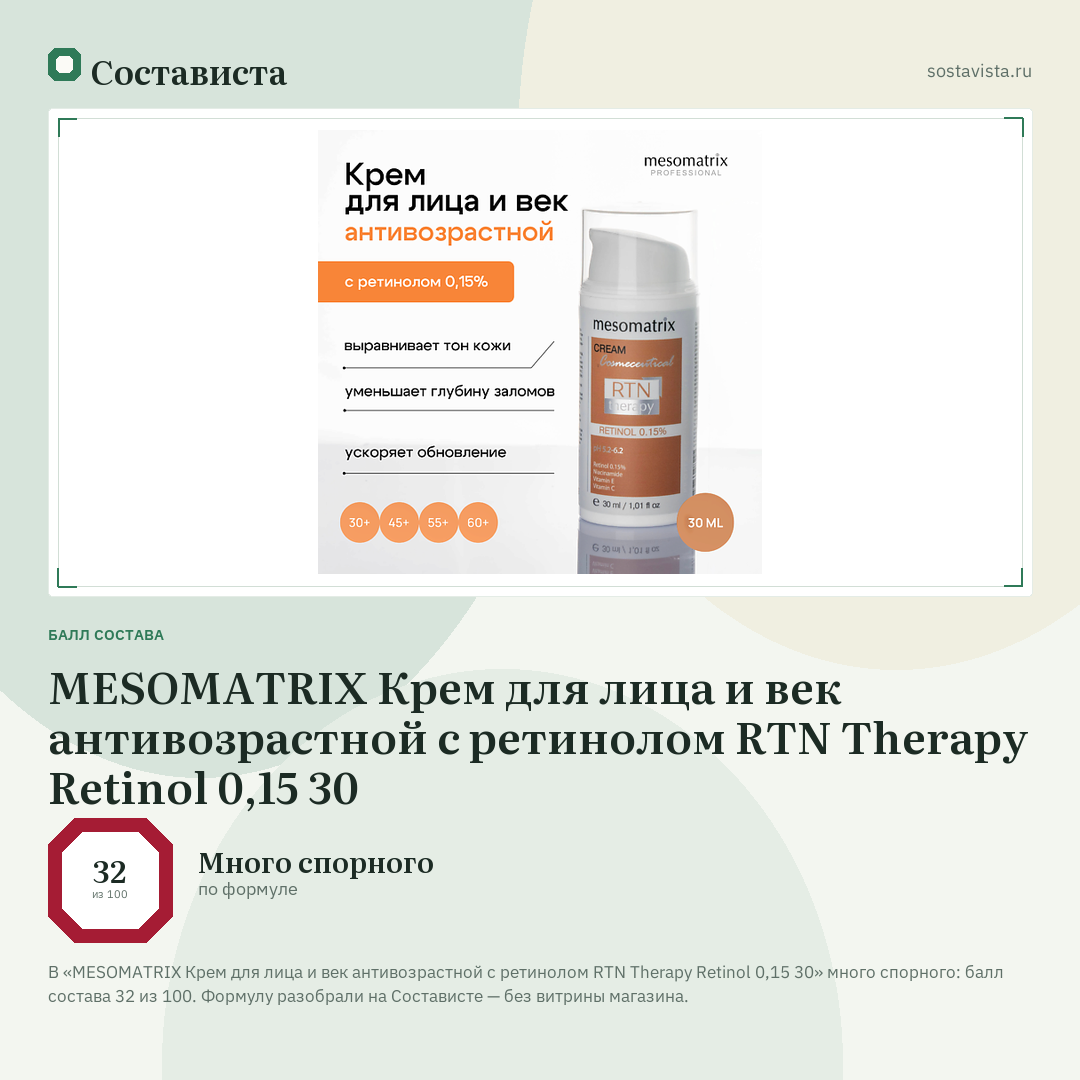 MESOMATRIX Крем для лица и век антивозрастной с ретинолом RTN Therapy Retinol 0,15 30: балл состава 32 из 100 — Состависта