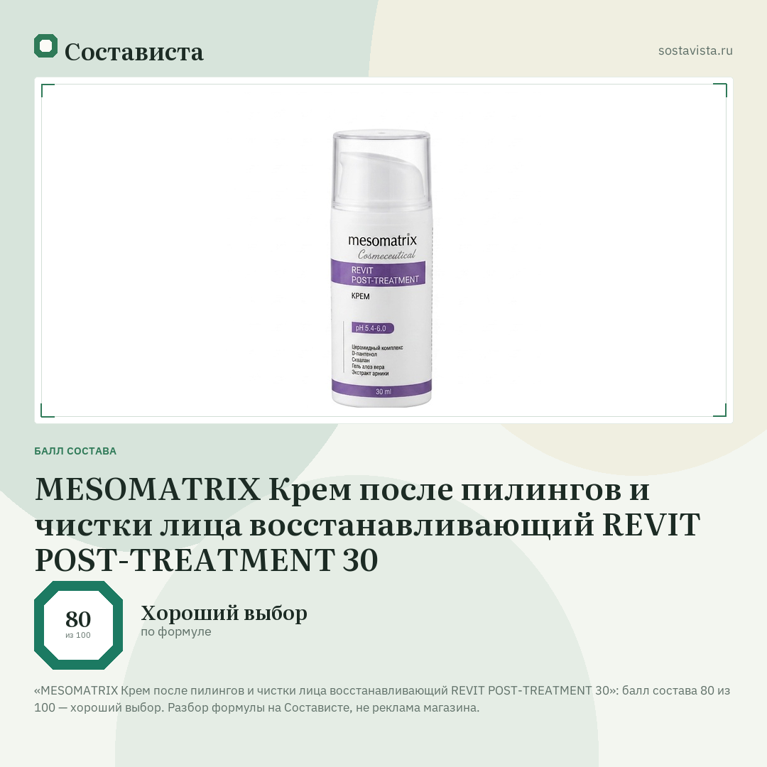 MESOMATRIX Крем после пилингов и чистки лица восстанавливающий REVIT POST-TREATMENT 30: балл состава 80 из 100 — Состависта