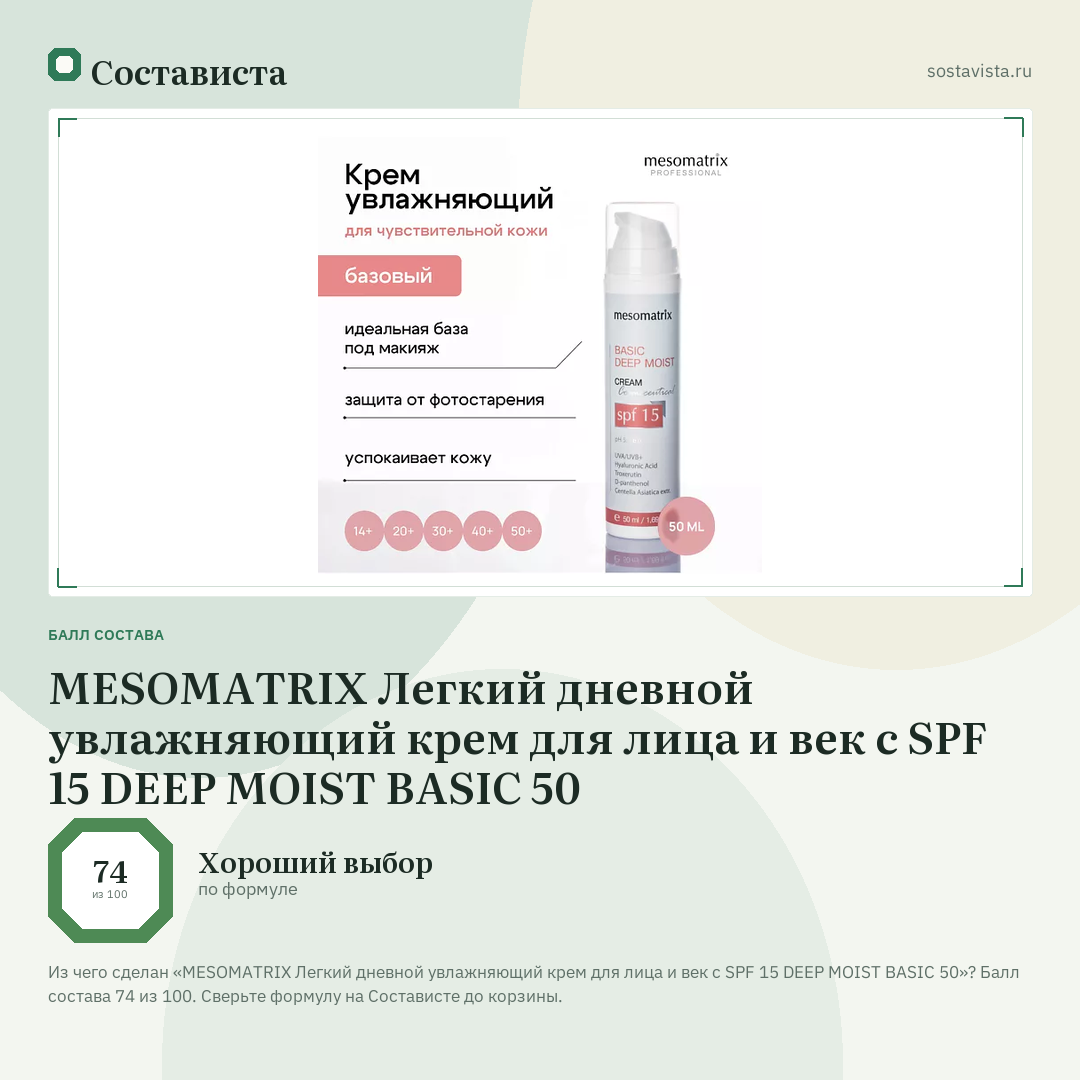 MESOMATRIX Легкий дневной увлажняющий крем для лица и век с SPF 15 DEEP MOIST BASIC 50: балл состава 74 из 100 — Состависта