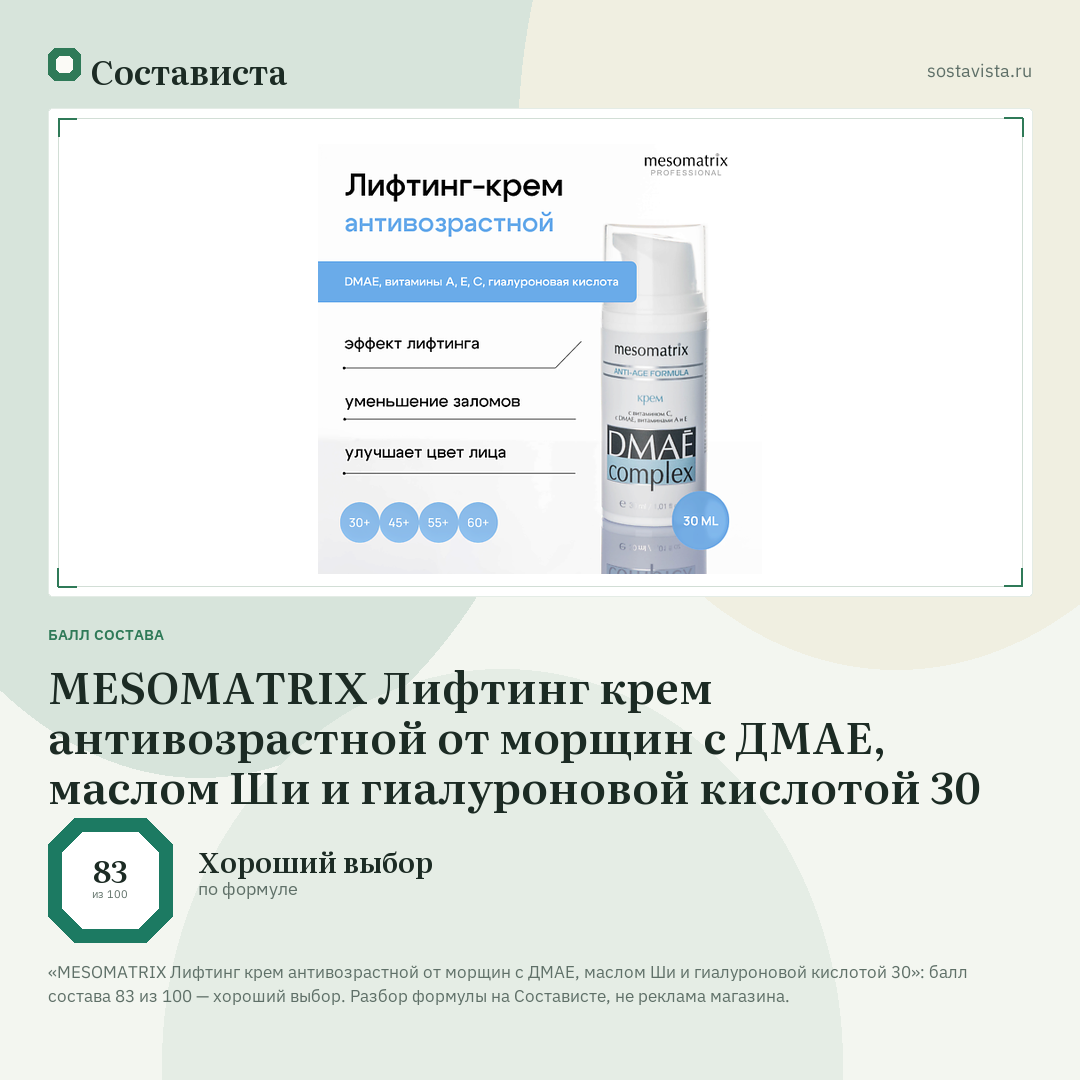 MESOMATRIX Лифтинг крем антивозрастной от морщин с ДМАЕ, маслом Ши и гиалуроновой кислотой 30: балл состава 83 из 100 — Состависта