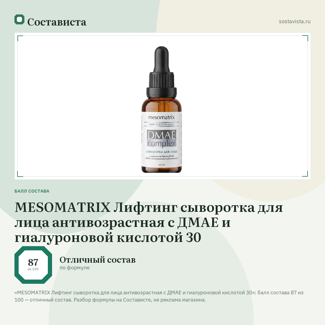 MESOMATRIX Лифтинг сыворотка для лица антивозрастная с ДМАЕ и гиалуроновой кислотой 30: балл состава 87 из 100 — Состависта