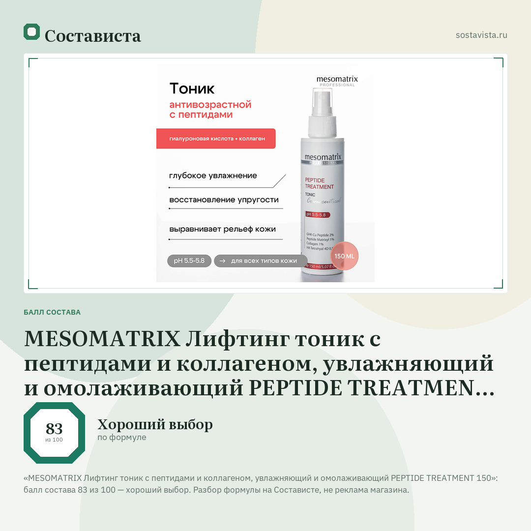 MESOMATRIX Лифтинг тоник с пептидами и коллагеном, увлажняющий и омолаживающий PEPTIDE TREATMENT 150: балл состава 83 из 100 — Состависта