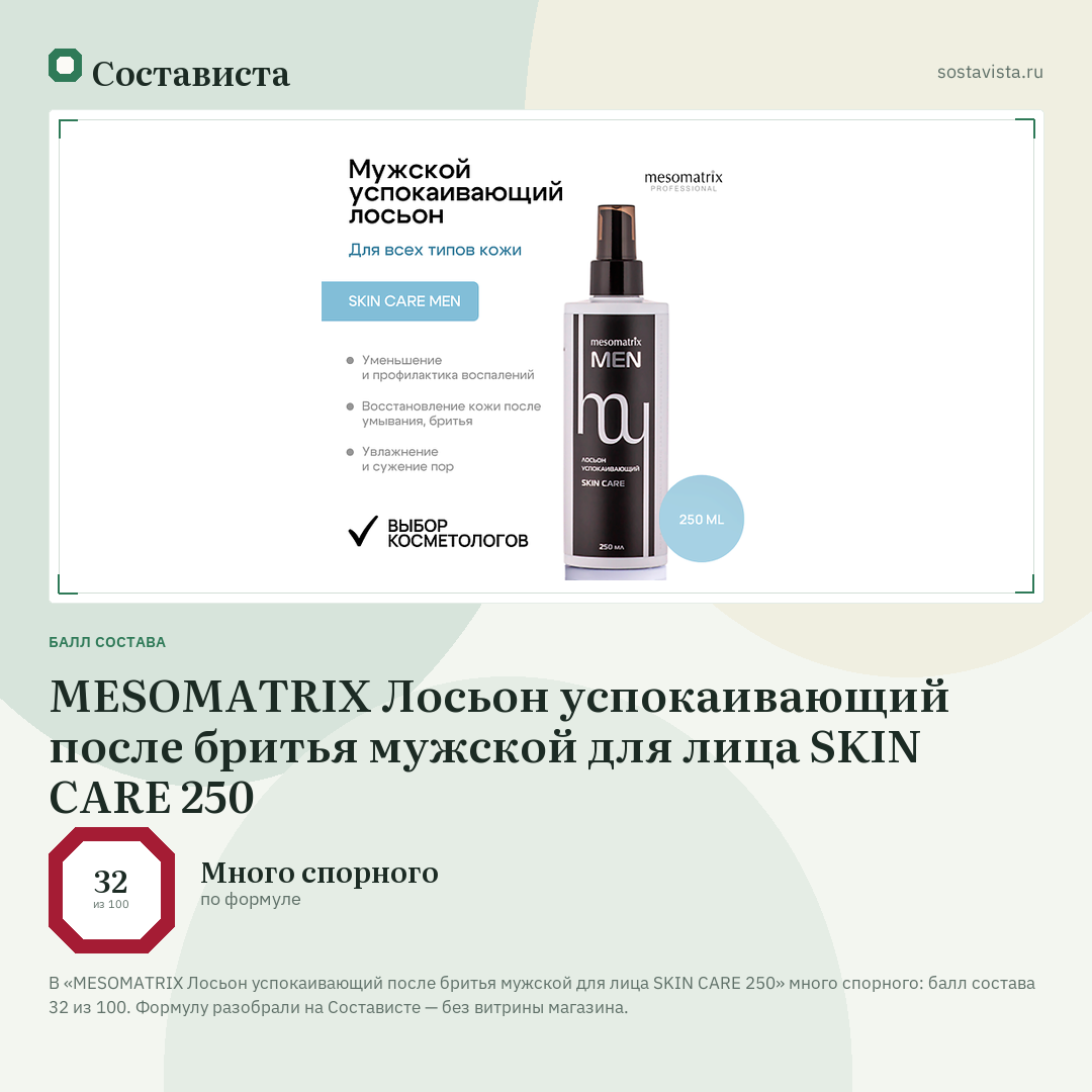 MESOMATRIX Лосьон успокаивающий после бритья мужской для лица SKIN CARE 250: балл состава 32 из 100 — Состависта