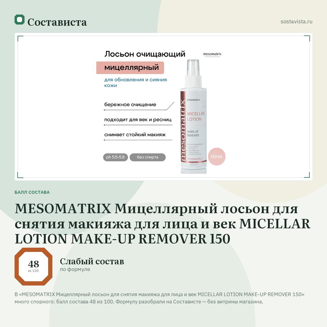 MESOMATRIX Мицеллярный лосьон для снятия макияжа для лица и век MICELLAR LOTION MAKE-UP REMOVER 150: балл состава 48 из 100 — Состависта
