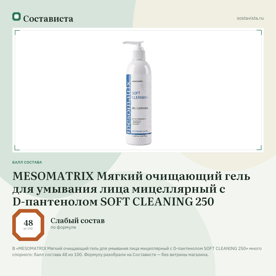 MESOMATRIX Мягкий очищающий гель для умывания лица мицеллярный с D-пантенолом SOFT CLEANING 250: балл состава 48 из 100 — Состависта